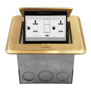 Brass Square Soft Pop-up Floor Box Assembly with 20A Tamper-Resistant GFCI Receptacle