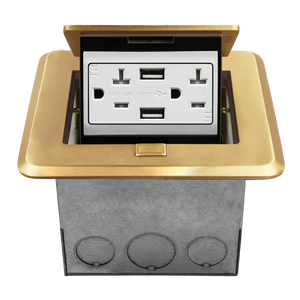 Brass Square Soft Pop-Up Floor Box Assembly with 20A Tamper-Resistant Duplex Receptacles and 4A USB Charging Ports