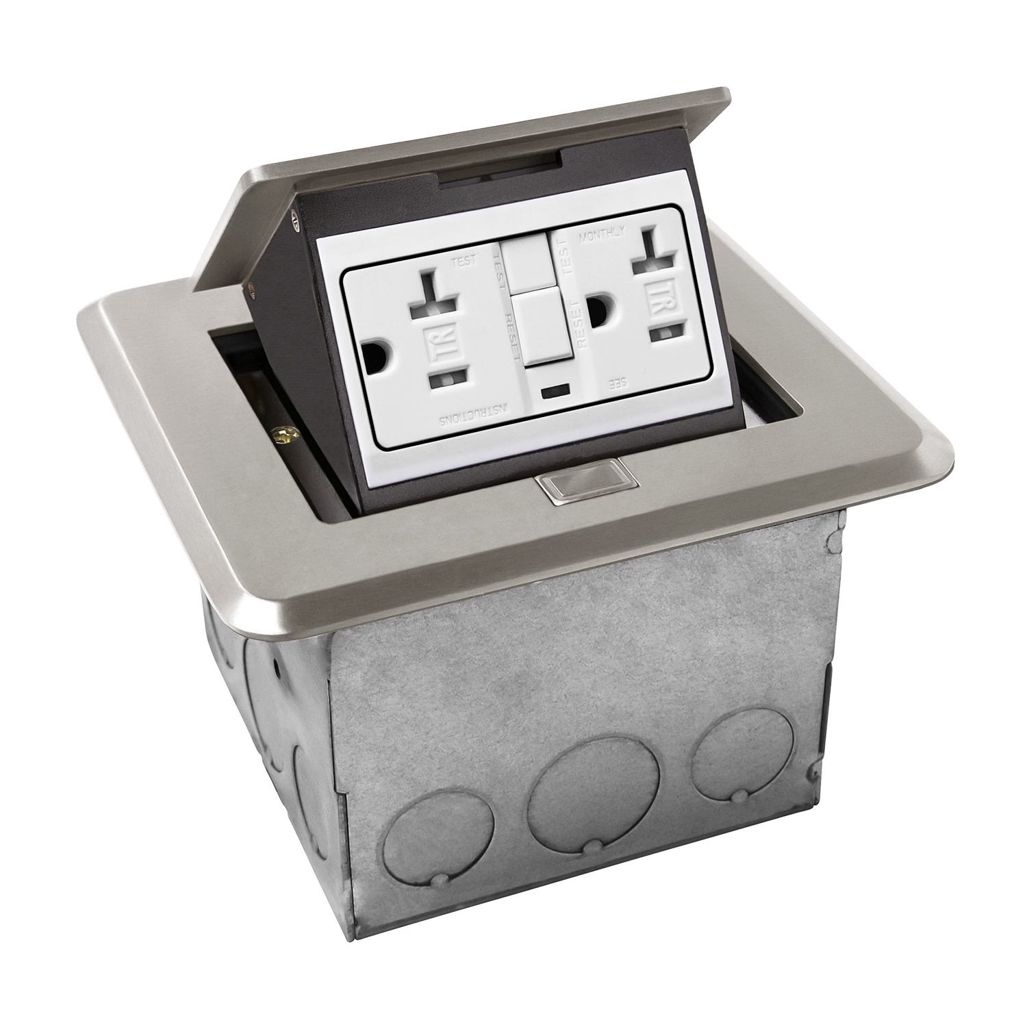 ENERLITES square soft pop-up floor box kit with a 20A tamper-resistant GFCI duplex receptacle, available in brass and nickel-plated brass finishes.