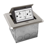 ENERLITES square soft pop-up floor box kit with a 20A tamper-resistant GFCI duplex receptacle, available in brass and nickel-plated brass finishes.