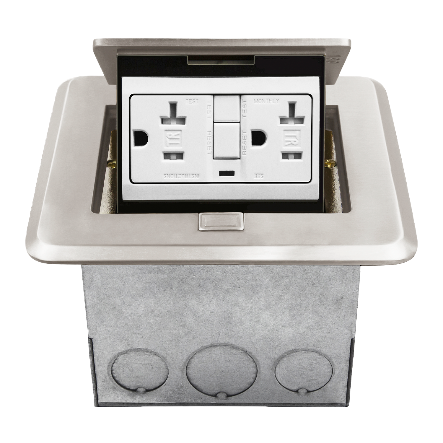 ENERLITES square soft pop-up floor box kit with a 20A tamper-resistant GFCI duplex receptacle, available in brass and nickel-plated brass finishes.
