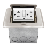ENERLITES square soft pop-up floor box kit with a 20A tamper-resistant GFCI duplex receptacle, available in brass and nickel-plated brass finishes.