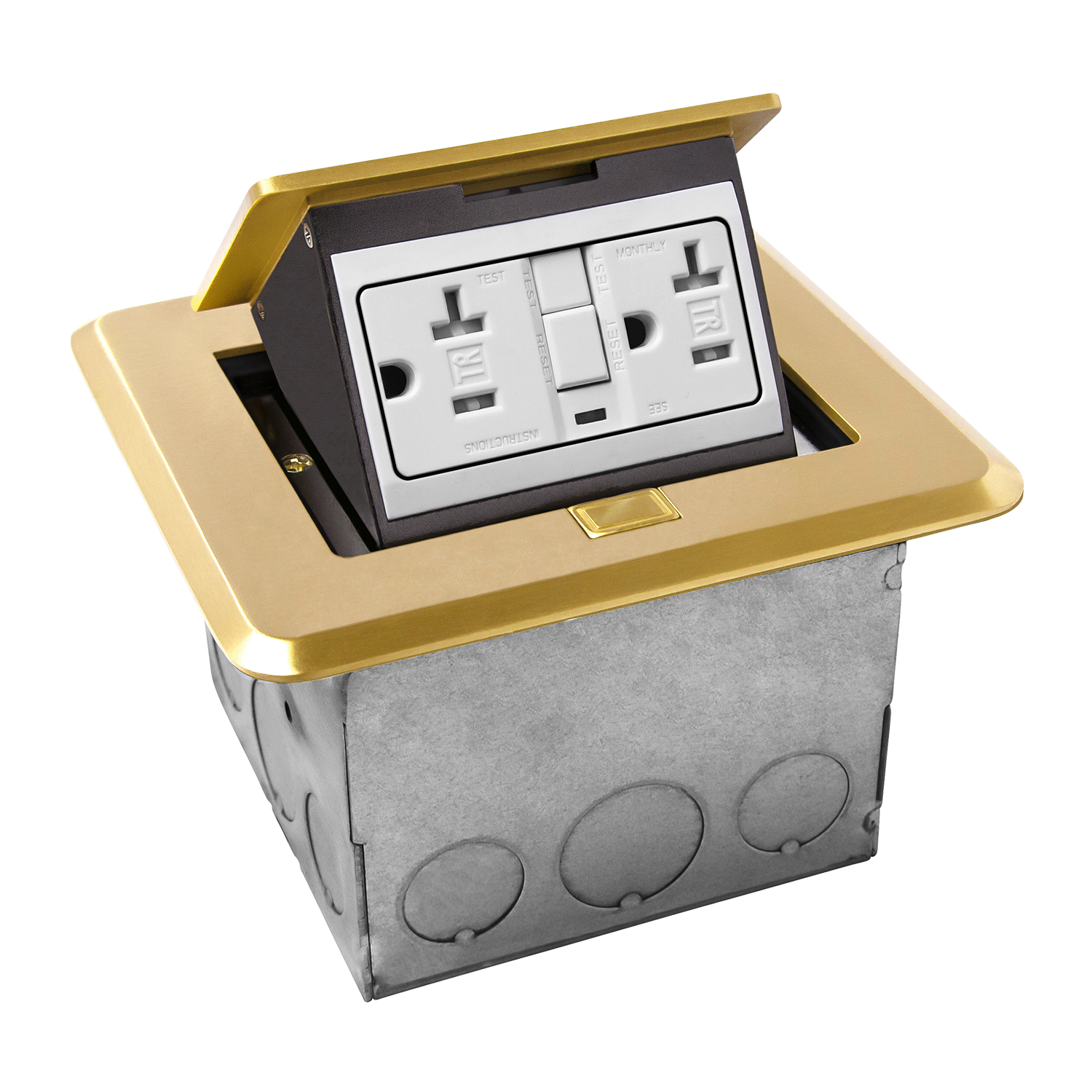 ENERLITES square soft pop-up floor box kit with a 20A tamper-resistant GFCI duplex receptacle, available in brass and nickel-plated brass finishes.