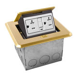 ENERLITES square soft pop-up floor box kit with a 20A tamper-resistant GFCI duplex receptacle, available in brass and nickel-plated brass finishes.