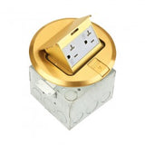 ENERLITES round pop-up floor box kit with 20A decorator duplex tamper-resistant and weather-resistant receptacle, available in brass (961501-C) or nickel-plated brass (961501-S), UL listed.