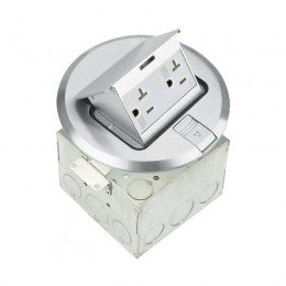 NERLITES round pop-up floor box kit with 20A decorator duplex tamper-resistant and weather-resistant receptacle, available in brass (961501-C) or nickel-plated brass (961501-S), UL listed.