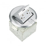 NERLITES round pop-up floor box kit with 20A decorator duplex tamper-resistant and weather-resistant receptacle, available in brass (961501-C) or nickel-plated brass (961501-S), UL listed.