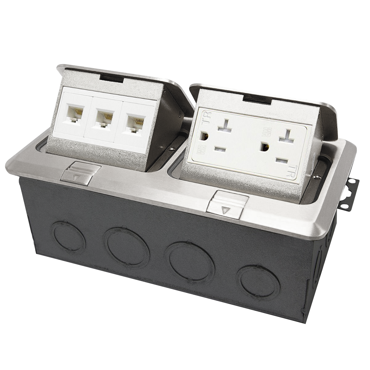 2-Gang Pop-Up Floor Box With Duplex Decorator Receptacle + RJ45 | Tamper/Weather Resistant | Enerlites 962301-S-D/C-D