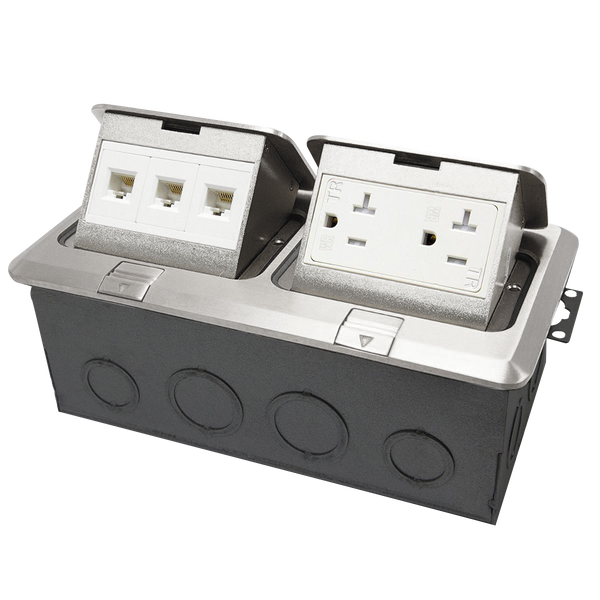 Pop-up Rectangular Floor Box Assembly with 20A Tamper-Weather Resistant Decorator Receptacle & Triple RJ45 Jacks Module