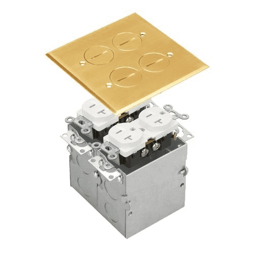 ENERLITES two-gang flush floor box kit with dual 20A tamper- and weather-resistant duplex receptacles, available in brass and stainless steel finishes.