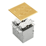ENERLITES two-gang flush floor box kit with dual 20A tamper- and weather-resistant duplex receptacles, available in brass and stainless steel finishes.