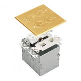 ENERLITES two-gang flush floor box kit with a 20A tamper- and weather-resistant duplex receptacle and 2-port keystone datacom module, available in brass and stainless steel finishes.