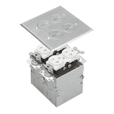 ENERLITES two-gang flush floor box kit with dual 20A tamper- and weather-resistant duplex receptacles, available in brass and stainless steel finishes.