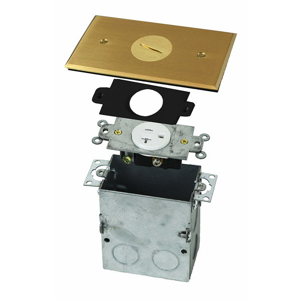 One-Gang Brass Floor Box Assembly with 20A Tamper-Weather Resistant Single Receptacle