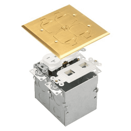 20Amp 2-Gang Floor Box with Flip Lid Duplex Receptacle and Datacom Module | Tamper & Weather Resistant