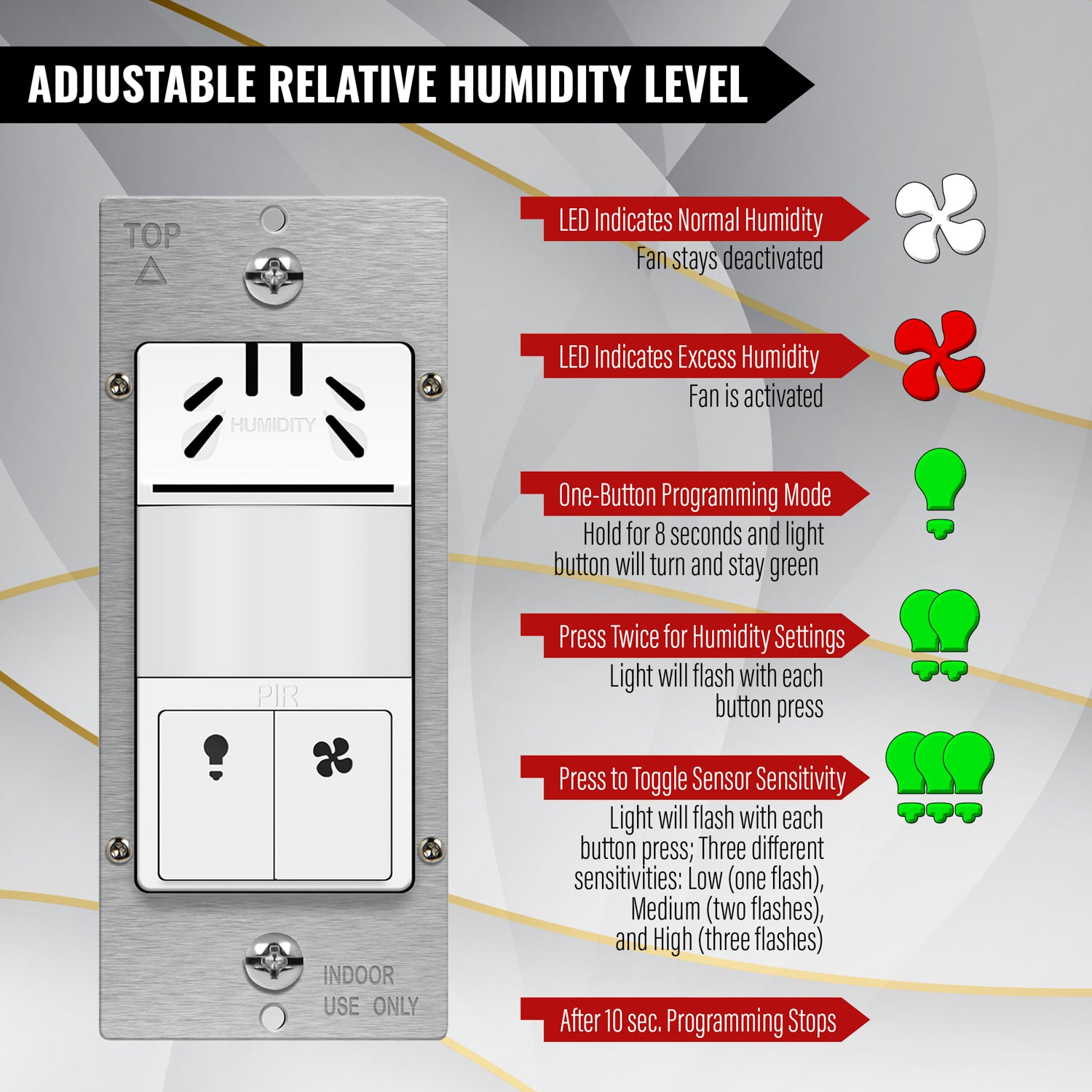 ENERLITES DWHOS dual-load wall switch with 180° PIR motion sensor and humidity-controlled fan