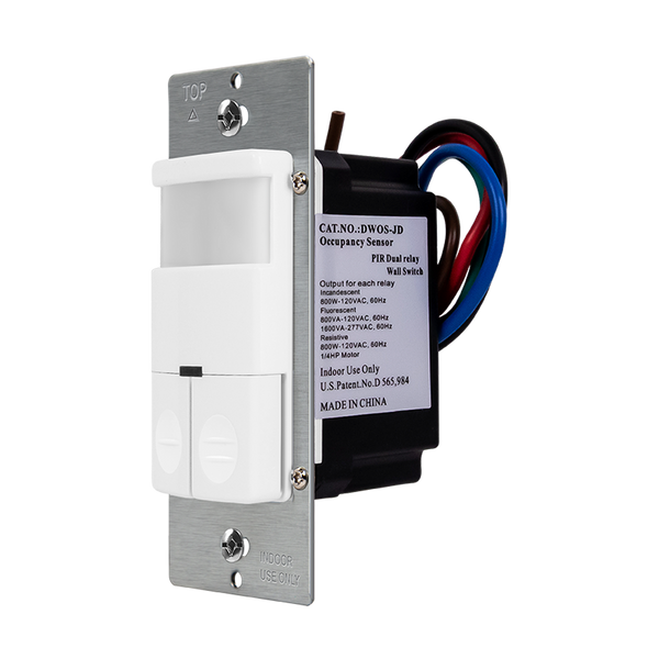 180° PIR Occupancy/Vacancy Motion Sensor Wall Switch with Dual Relay, Single Pole