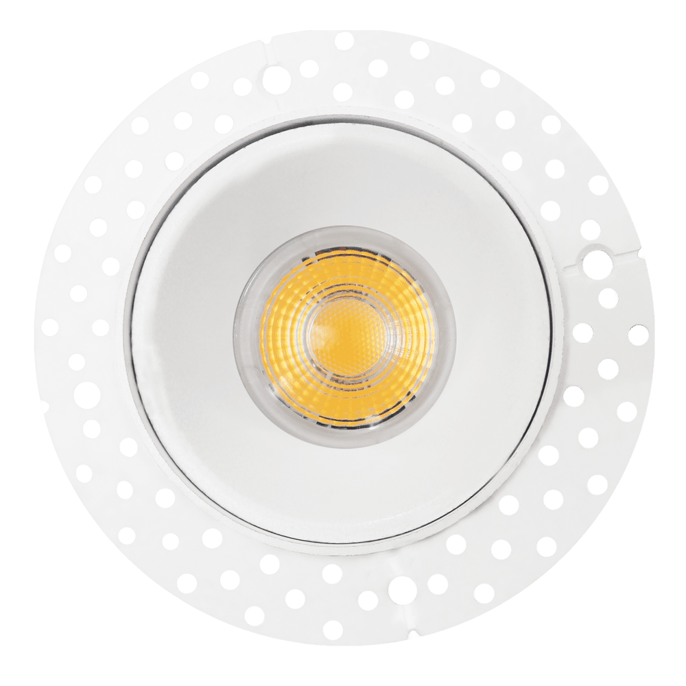 Close-up of 2” round trimless LED luminaire, selectable CCT