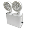 Gray LED wet location emergency light with two adjustable heads and remote capability, designed for outdoor or industrial use.